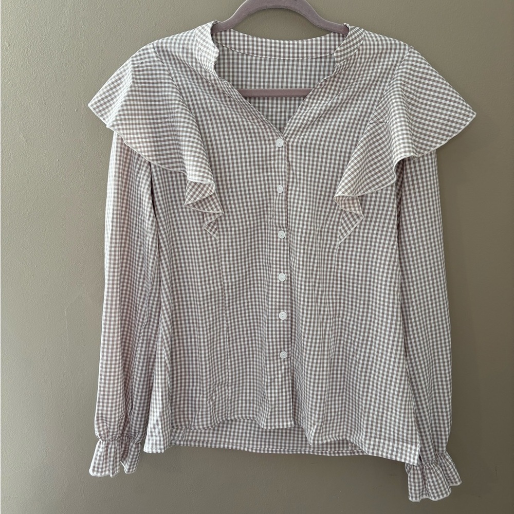 NEW NWT Boutique Elegant Tan Checker Long Sleeve Shirt Button Down Ruffle Large